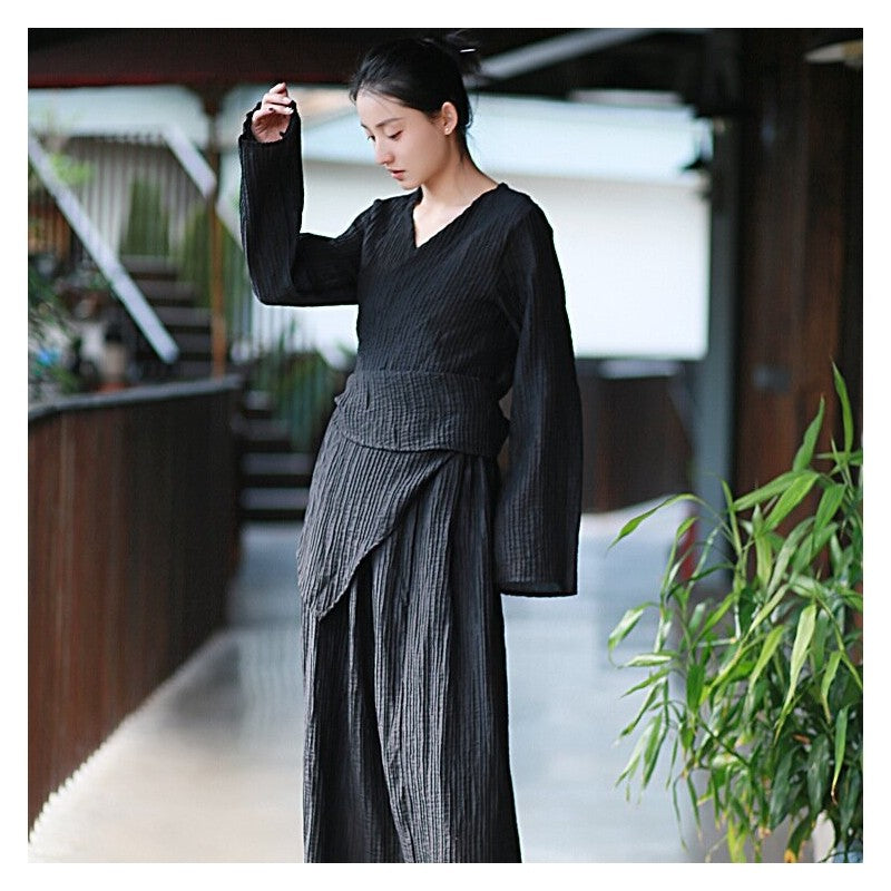 Solid Color Double-Layer Strap Shirt and Skirt Ensemble