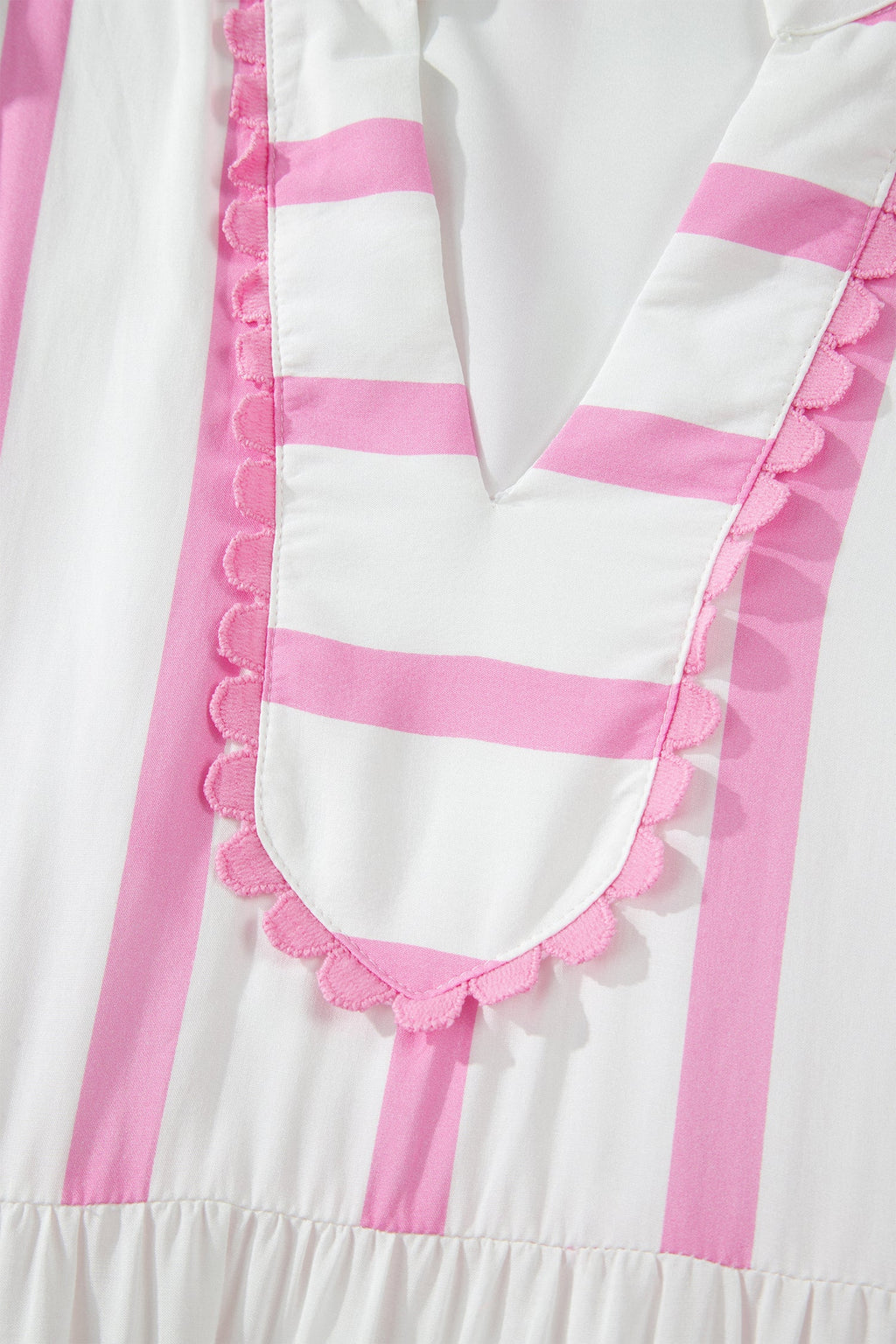 Pink Stripe Ricrac Trim Notched Neck Half Sleeve Vacation Dress
