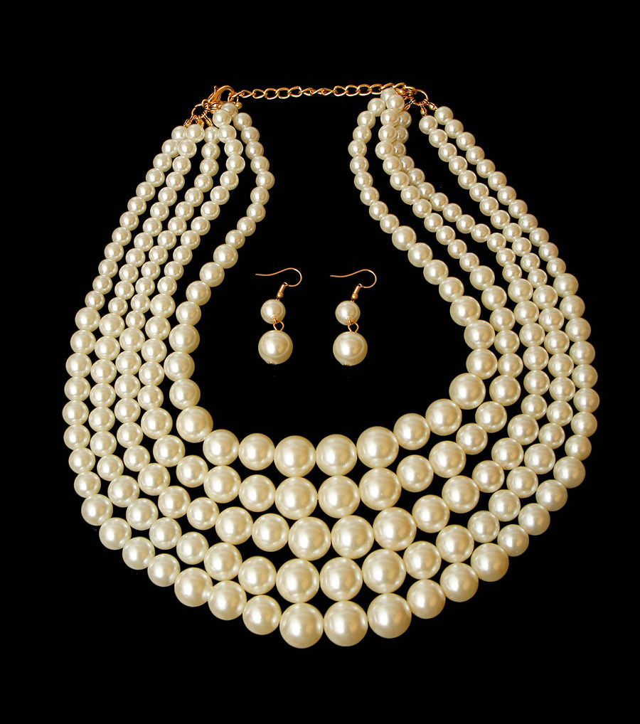 Multi Strand Cream Pearl Statement Necklace Set Chic Elegant Layered Jewelry