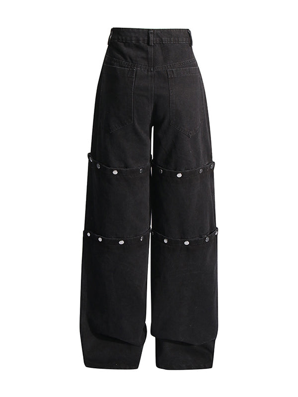 High Waisted Loose Buttoned Detachable No Belt Pockets Split-Joint Jean Pants Bottoms