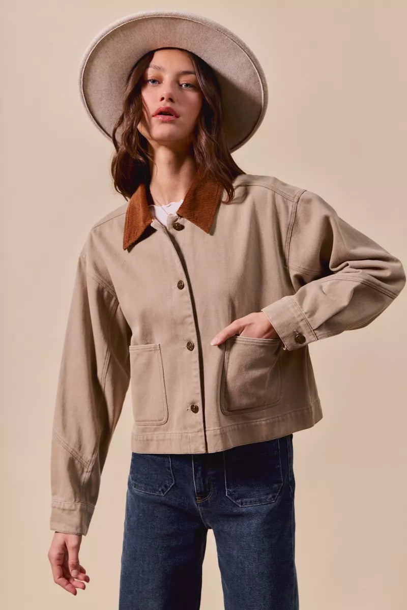 Cotton Twill Cropped Barn Jacket wtih Collar