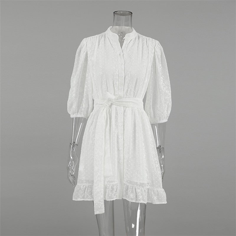Open-Front Jacquard Perspective Sleep Dress with Five-Point Sleeves