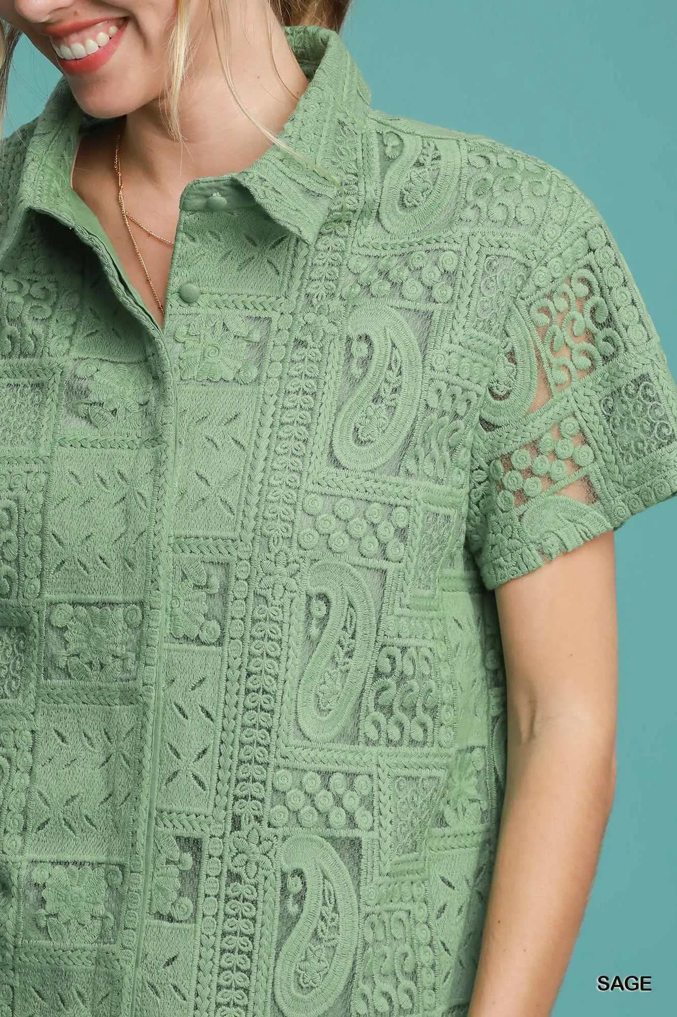 Patch Lace Short Sleeve Button Down Shirt