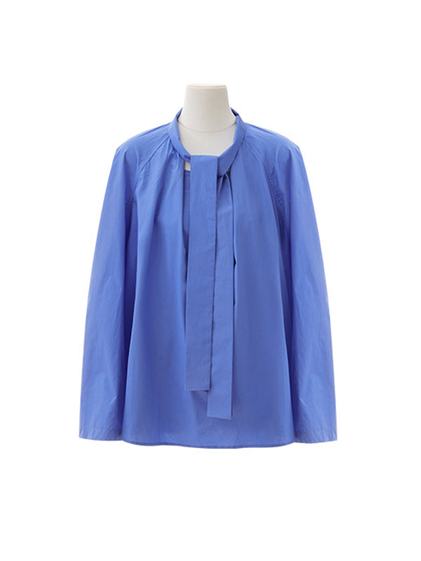 Long Sleeves Loose Solid Color Split-Joint Streamer High Neck Blouses