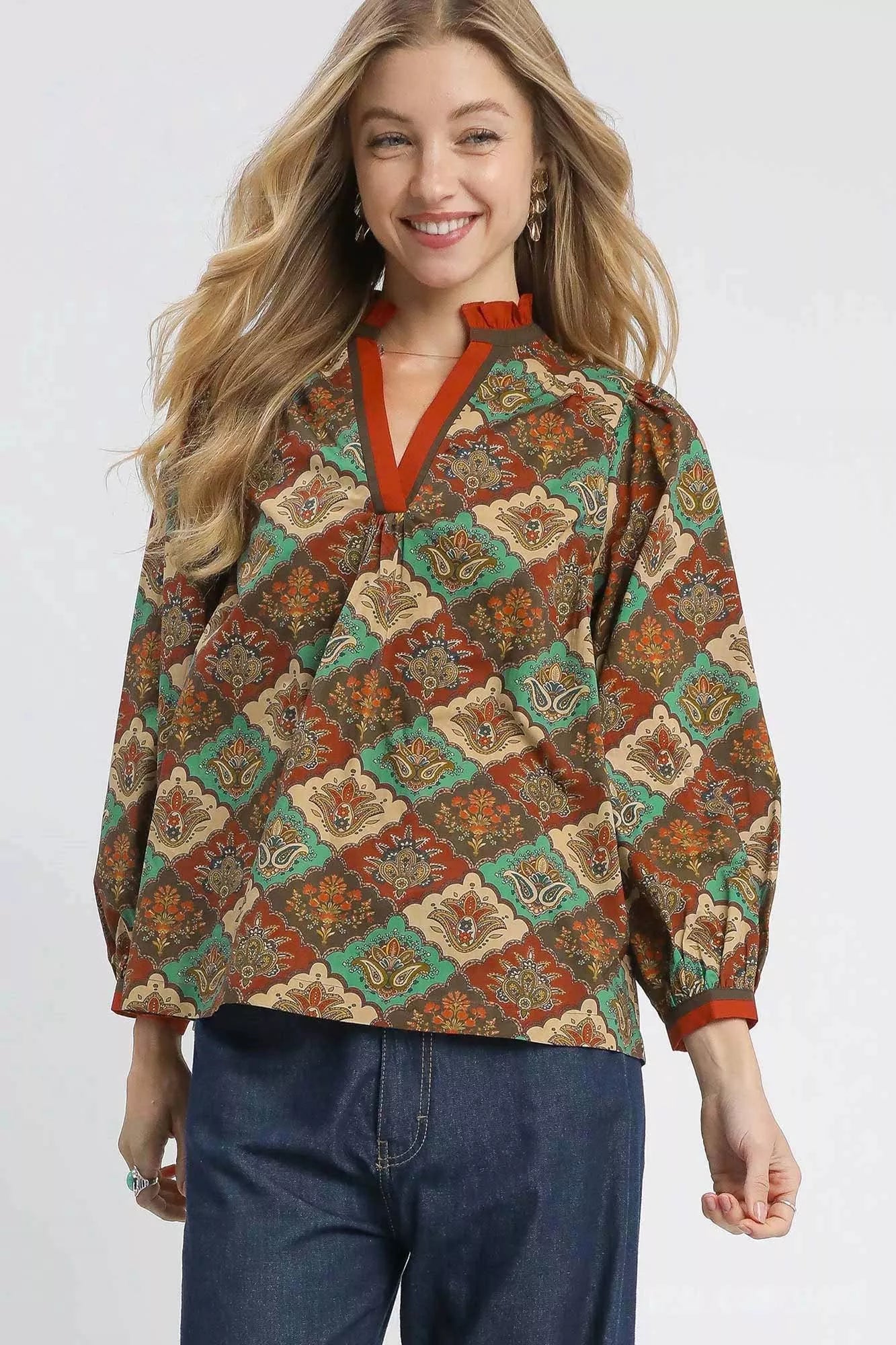 Abstract Print Ruffle Neck Top
