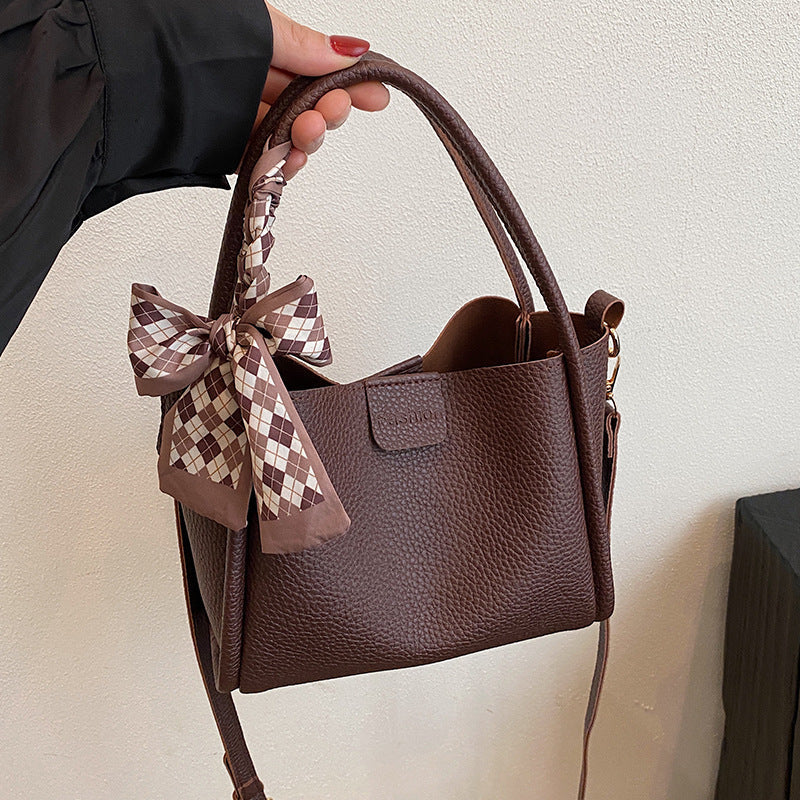 Women's Quilted Bucket Bag with Silk Scarf - PU Leather Crossbody Handbag