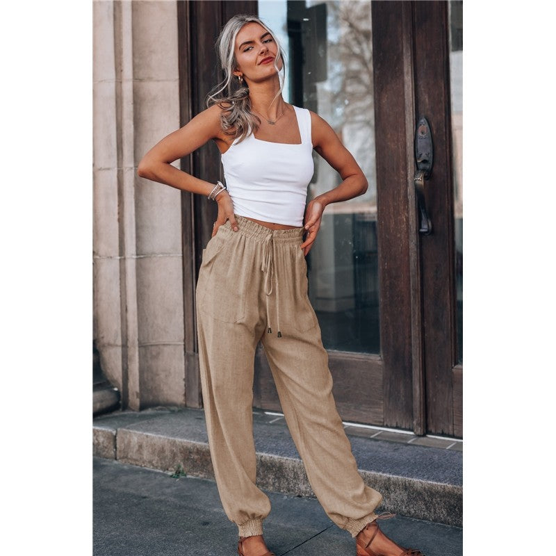 Solid Color Elastic Waist Drawstring Casual Harem Pants