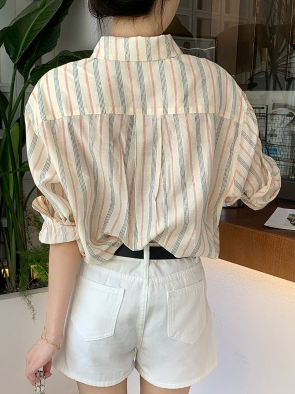 Long Sleeves Loose Buttoned Striped Lapel Blouses&Shirts Tops