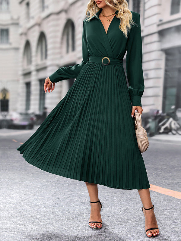 A-Line Long Sleeves Belted Buttoned Pleated Lapel Midi Dresses