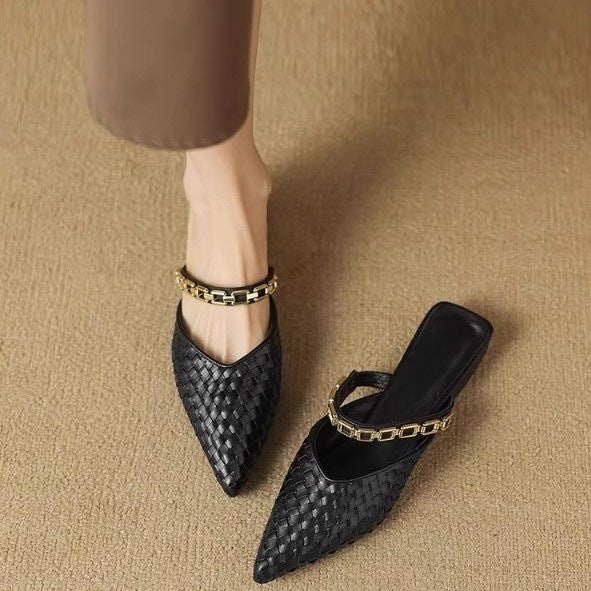 Women's Chain Strappy Pointed-Toe Flat Sandals | Low Heel Microfiber Dress Sandals