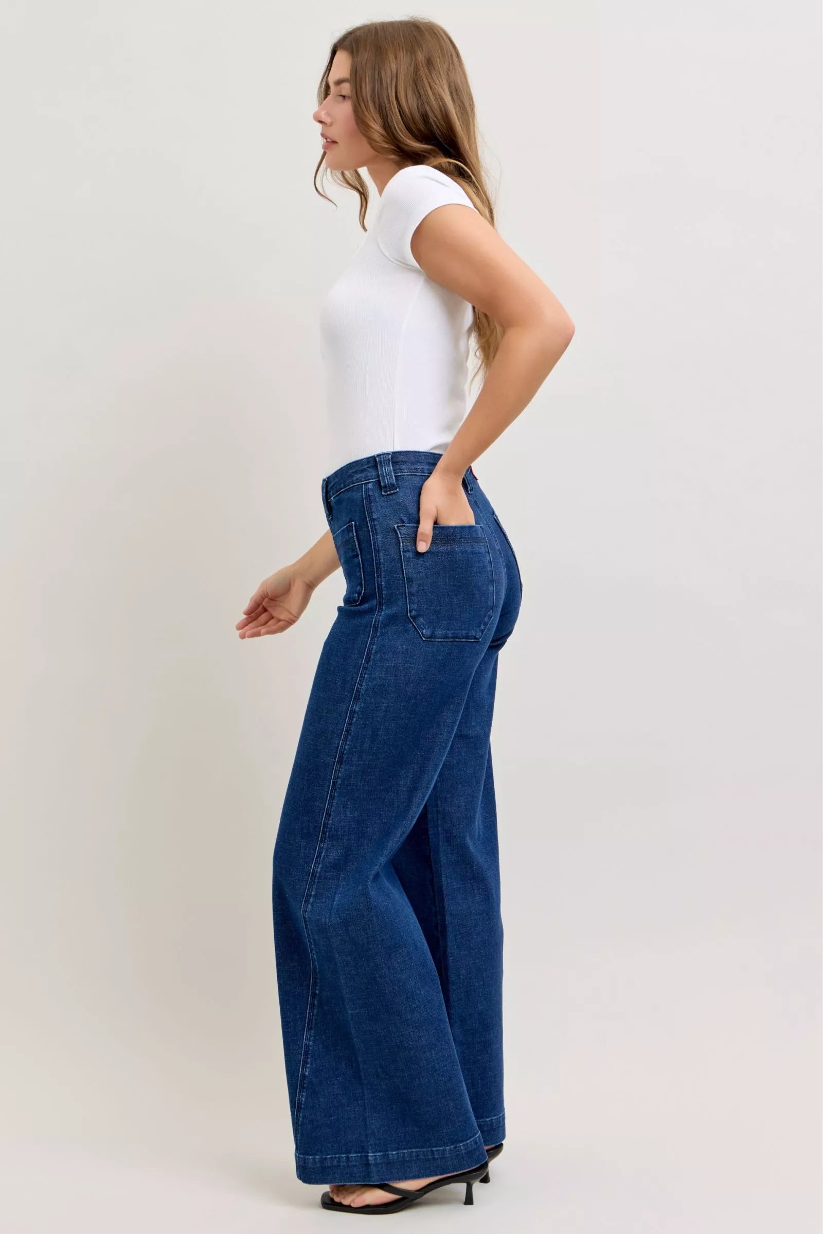 High-Waisted Retro Wide Jeans with Patch Pkts & Twisted Seams