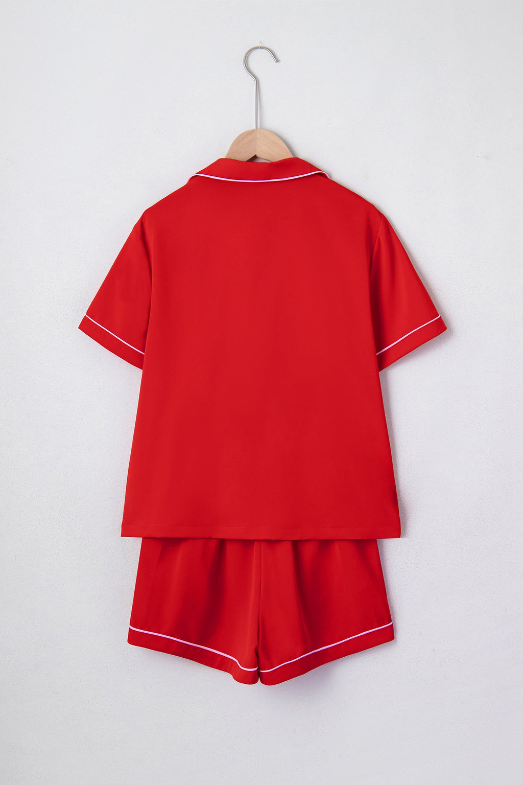 Fiery Red Contrast Trim Ribbon Bow Short Silky 2pcs Pajama Set