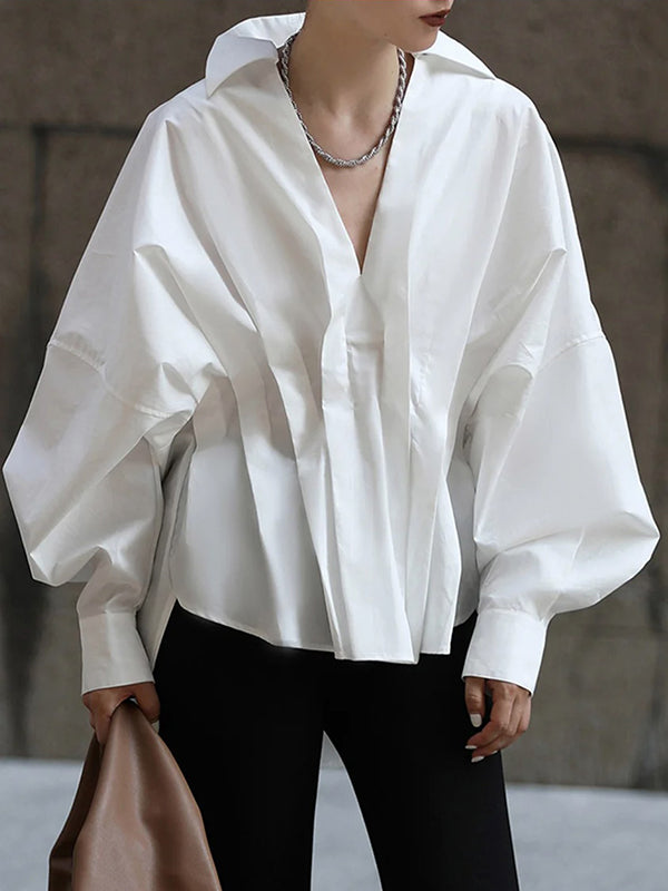 Loose Fit Pleated Lapel Collar Blouse with Long Sleeves in Solid Color