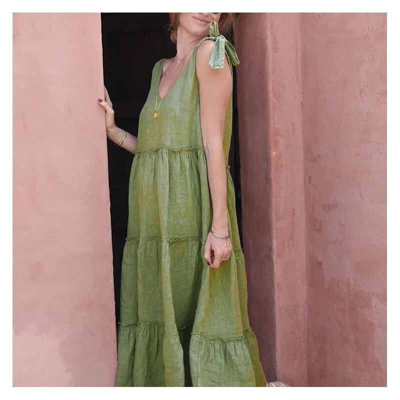 Solid Color Sleeveless Cotton Linen Dress