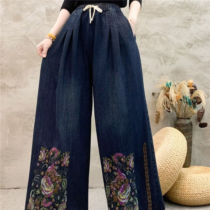 Embroidered Floral High-Waisted Wide-Leg Pants