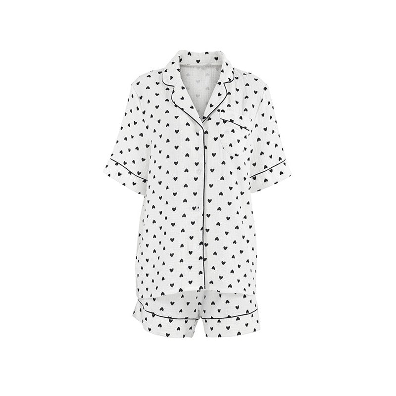 Heart Print Short Sleeve Pajama Set for Women - Breathable Fabric