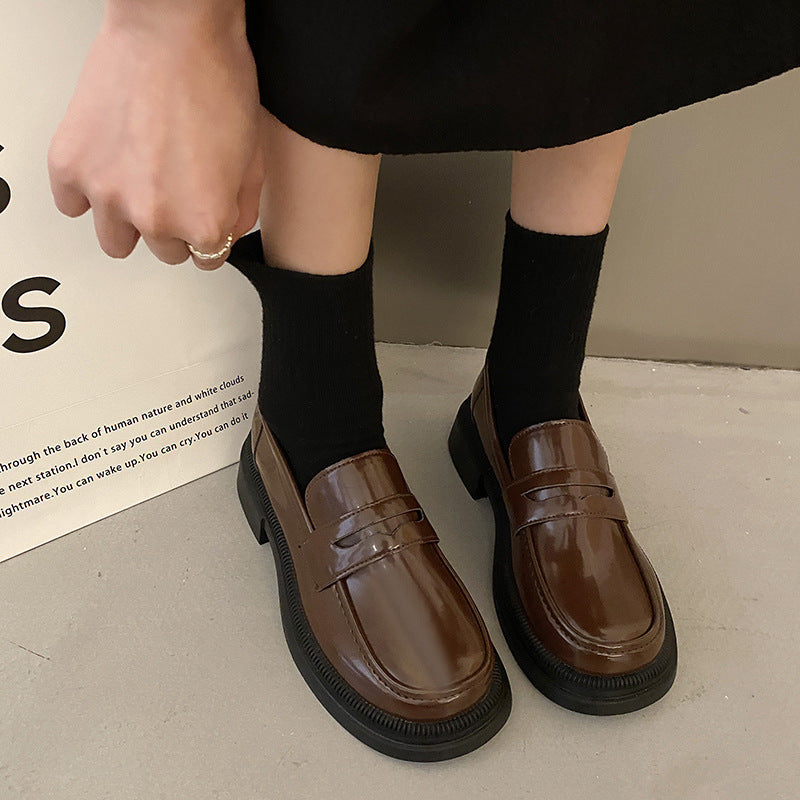 Women's Vintage Preppy Leather Casual Shoes - Round Toe Platform Shoes