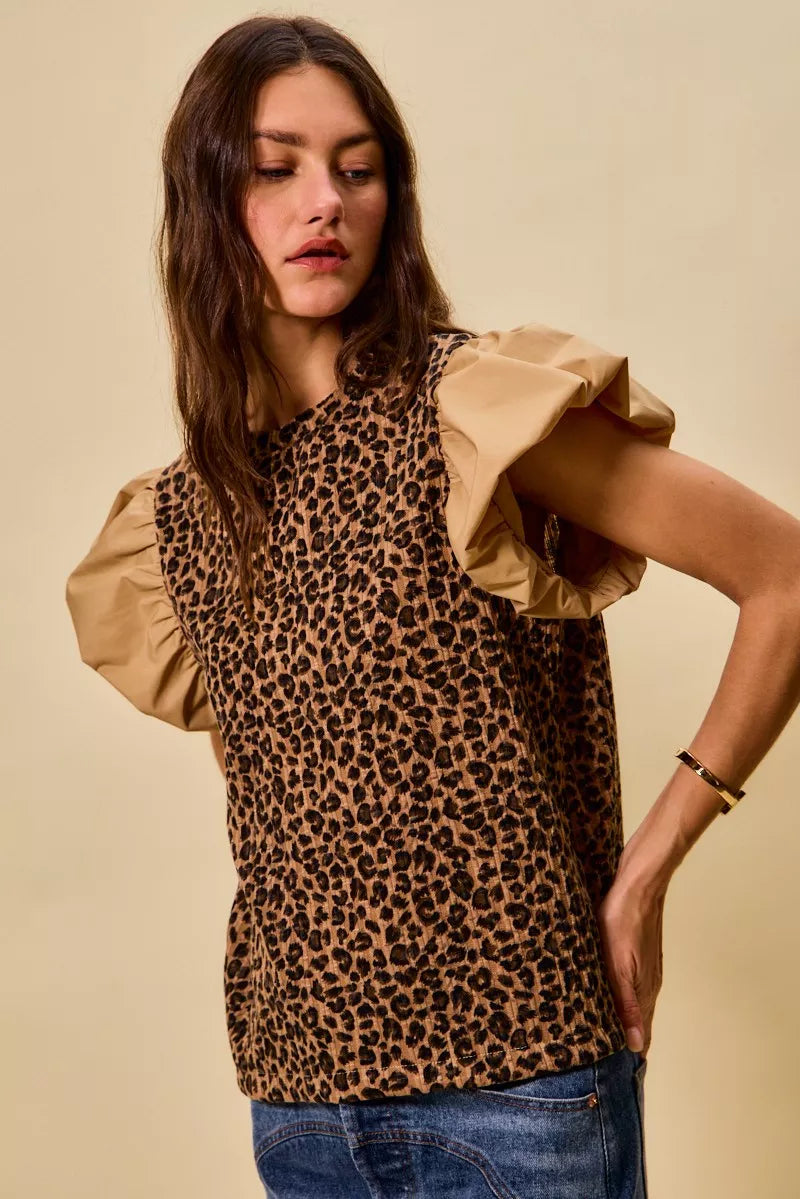 Leopard Pointelle Knit Top with Puff Sleeves
