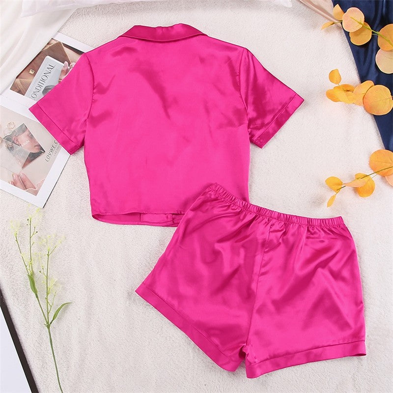 Solid Color Satin Short Sleeve Lapel Buttoned Pajama Suit