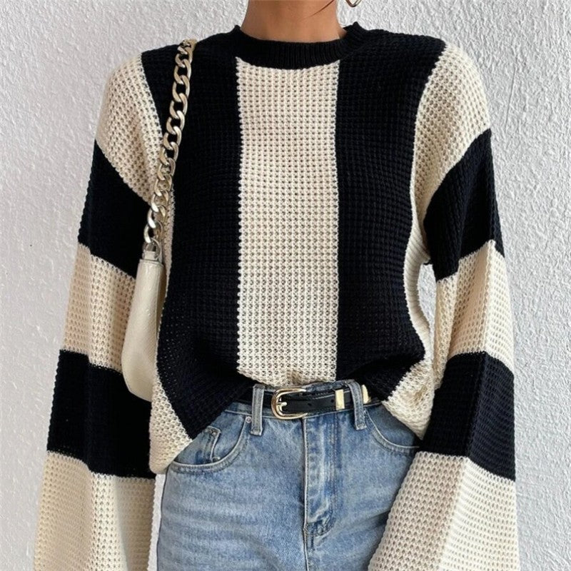 Striped Color Block Casual Flare Sleeve Knit Sweater