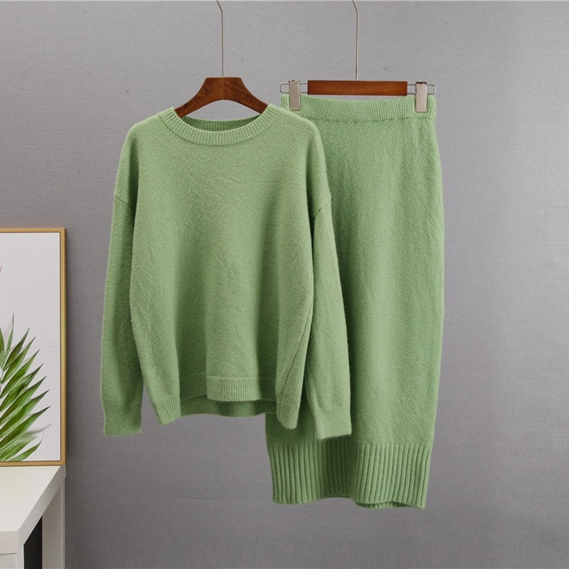 Solid Color Long Sleeve Crewneck Sweater and Skirt Set