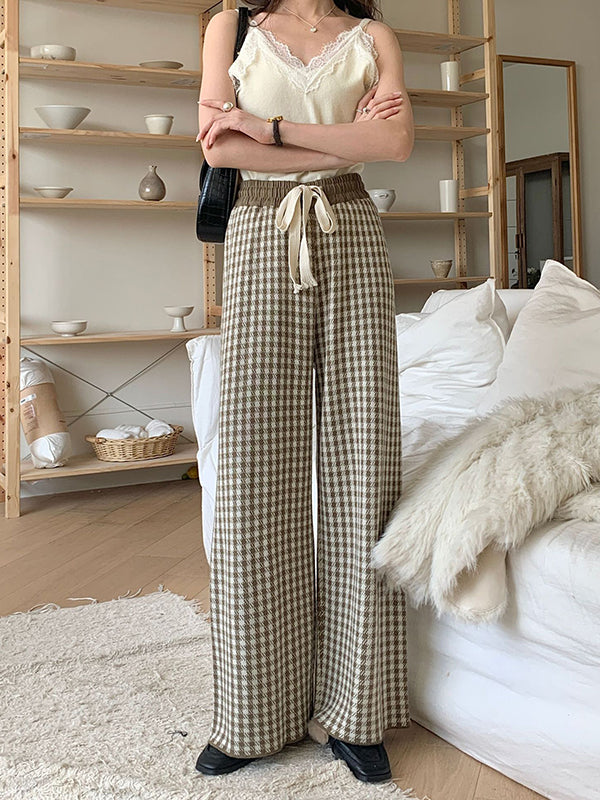 High Waisted Loose Drawstring Elasticity Plaid Pants Trousers