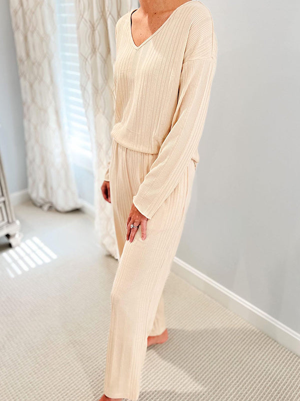 Long Sleeves Loose Solid Color V-Neck Shirt Top + Pants Bottom Pajama Sets