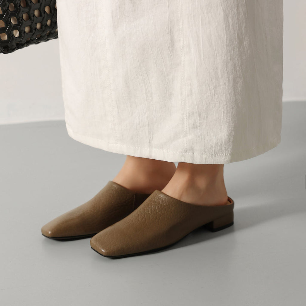 Women's Square Toe Cowhide Mules | Low Block Heel Slip-On Backless Shoes