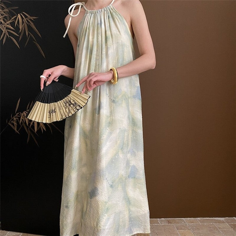 Traditional Chinese Ink Painting Inspired Gradient Drawstring Halterneck Dress