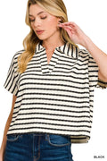 Striped Split Neck Collared Top
