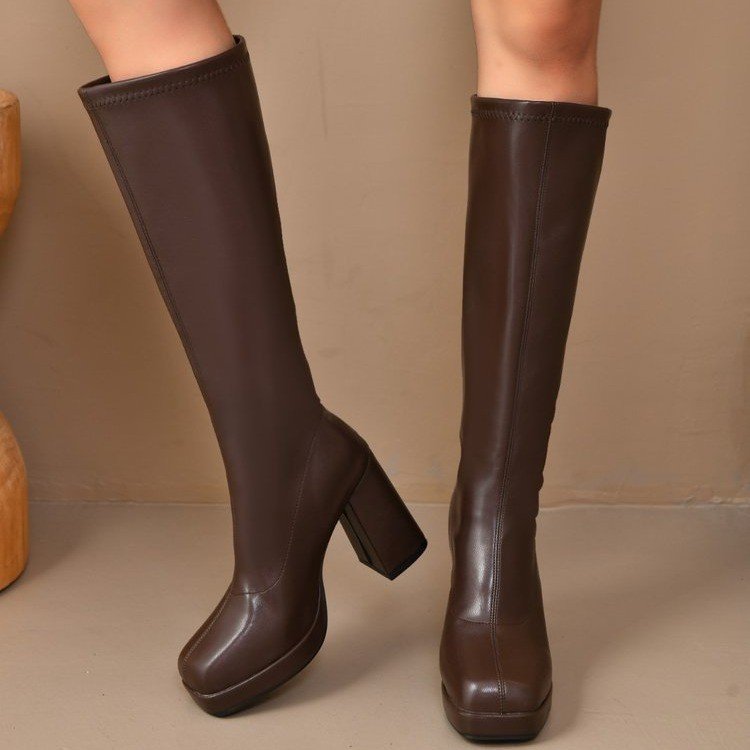 Women's Chunky Heel Stretch Boots – Thick Sole, High Shaft | Brown & Black