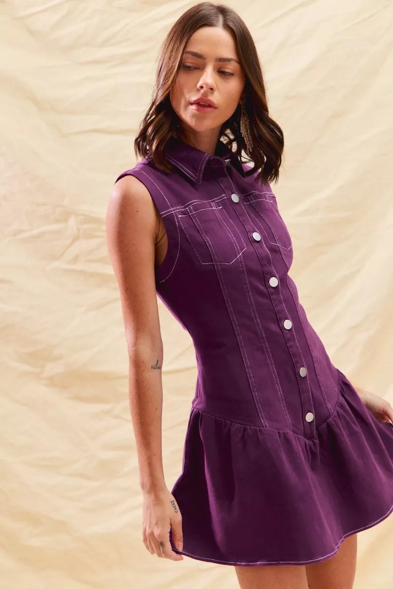 Button Down Sleeveless Collared Game Day Mini Dress