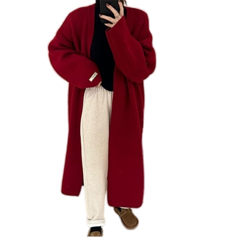 Oversized Solid Color Knee-Length Knit Cardigan Coat