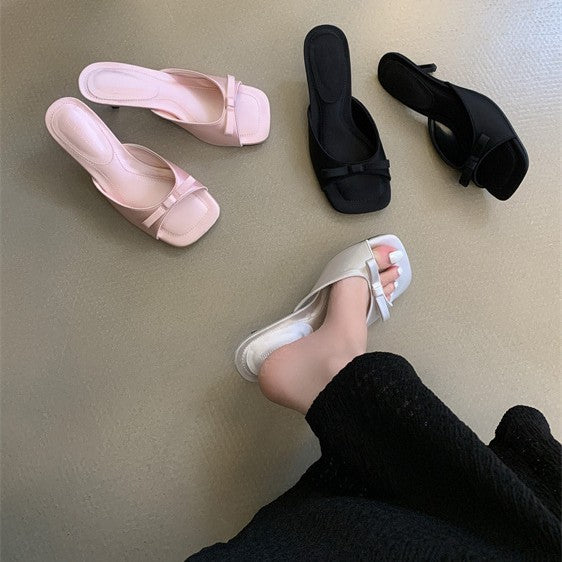 Women's Bow-Tie Square-Toe Stiletto Sandals - Elegant Open-Toe Heels