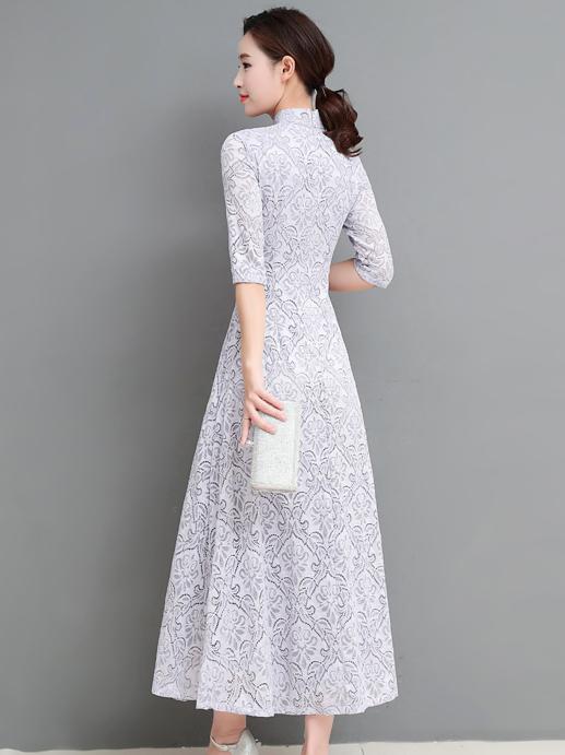 Gray&Coffee Lace A-line Long Cheongsam Ao Dai