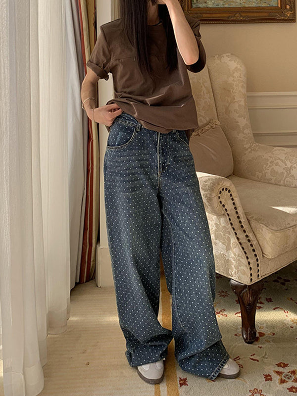 Loose Wide Leg Polka-Dot Split-Joint Jean Pants Bottoms