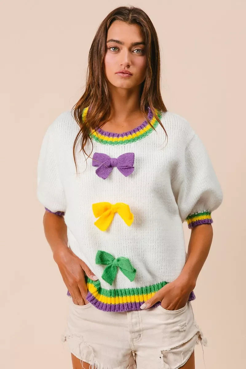 Short Puff Sleeve Ribbon Bow Mardi Gras Sweater