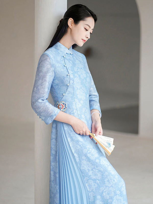 Fashion Vintage Light Blue Jacquard Long Cheongsams