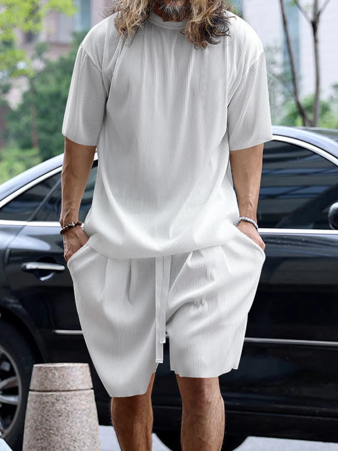Men's Full Size Round Neck Short Sleeve Top and Shorts Set Plus Size