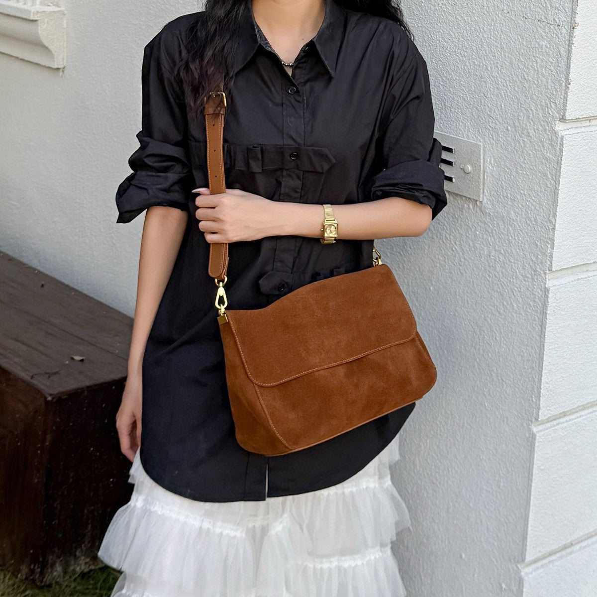 Fragrant Consort Women's Genuine Leather Crossbody Shoulder Bag – Velvet Patchwork Streetwear Handbag