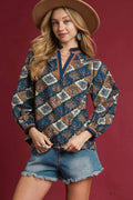Abstract Print Ruffle Neck Top