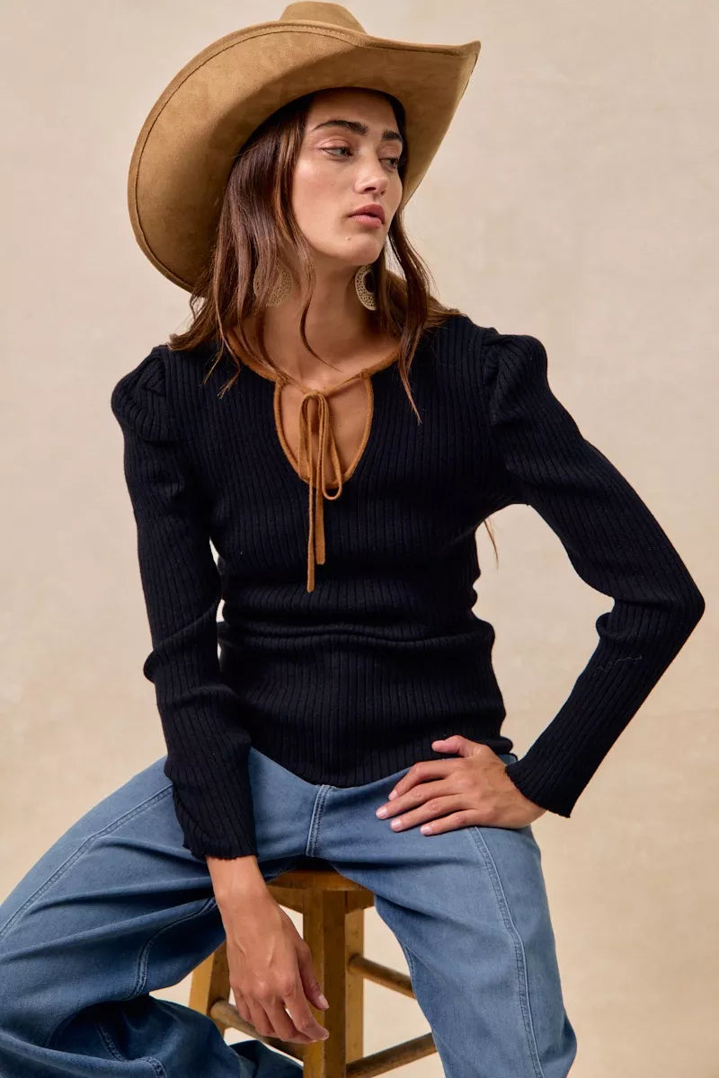 Ribbed Contrast Front Tied Top with Shrried