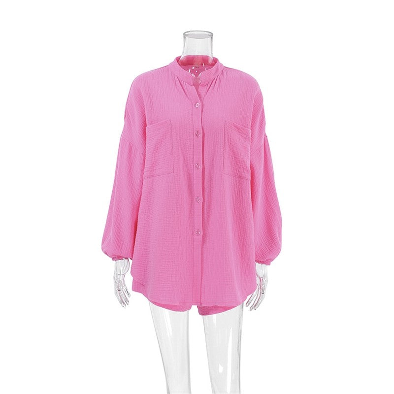 Solid Color Long Sleeve Shorts Pajama Set