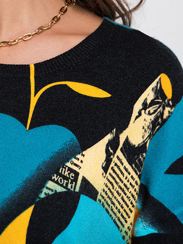 Long Sleeves Figure Printed Round-Neck Knitwear Pullovers Sweater Tops