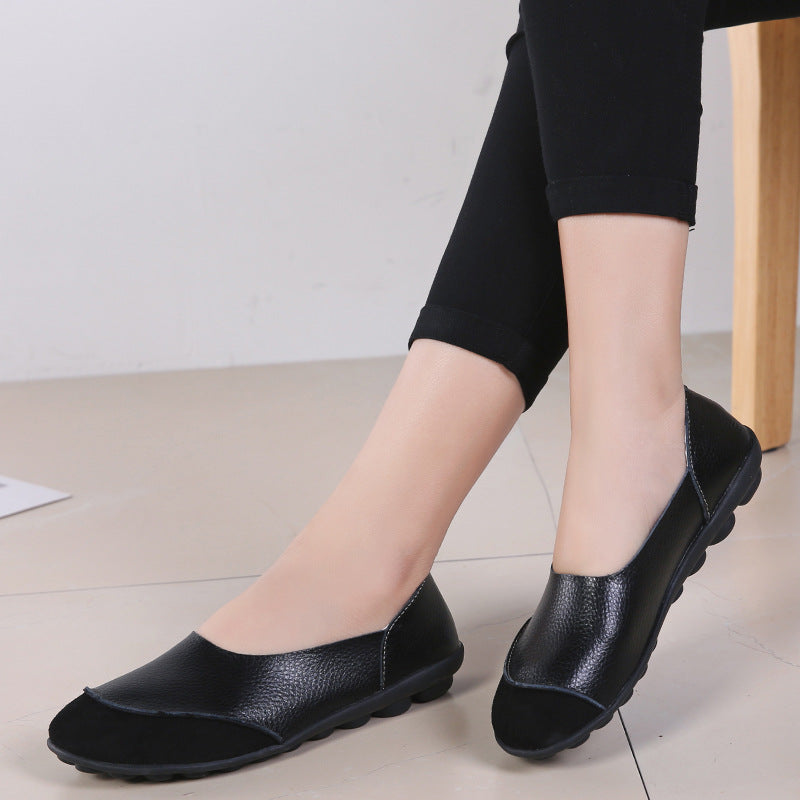 Women's Korean Casual Slip-On Loafers | Low Heel Round Toe Leather Shoes