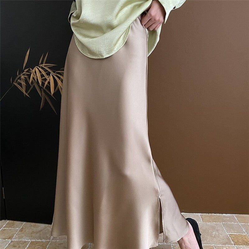 High-Waisted Satin Mermaid Midi Skirt with Draped Slit