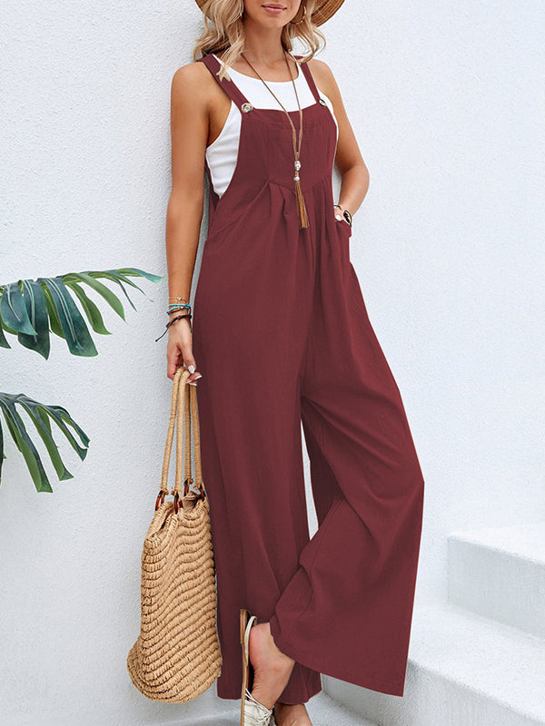 Loose Plus Size Pleated Split-Joint Spaghetti-Neck Overalls