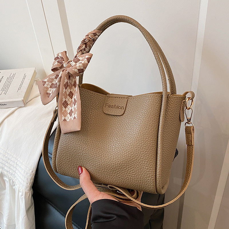 Women's Quilted Bucket Bag with Silk Scarf - PU Leather Crossbody Handbag