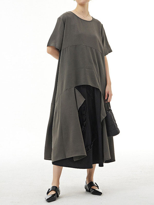 Irregular Clipping Loose Solid Color Round-Neck Midi Dresses