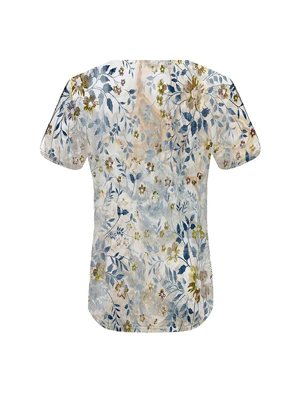 Loose Plus Size Buttoned Flower Print Hollow V-Neck T-Shirts Tops
